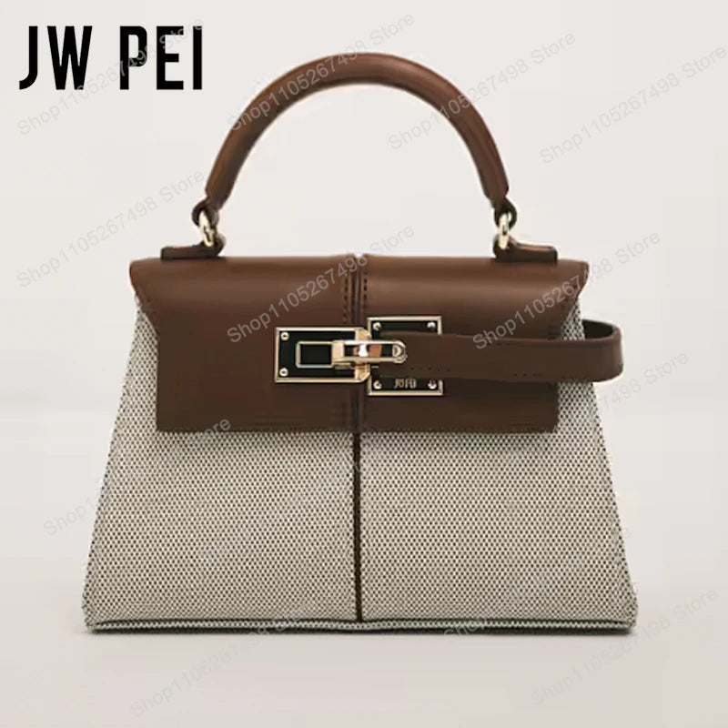JW PEI Elise Classic trapezoid top-handle bag with genuine leather brown flap, gray mesh body, gold-tone hardware