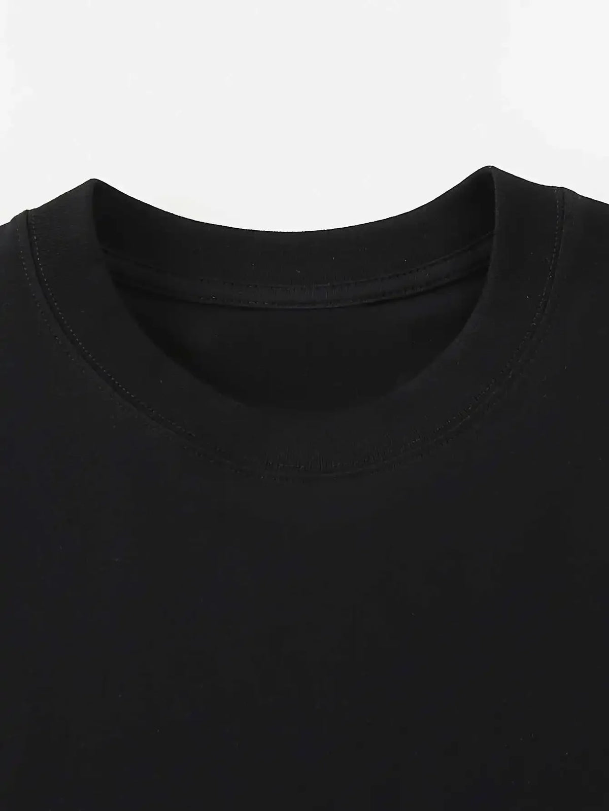 Men's black crew-neck T-shirt with visible stitched collar edge