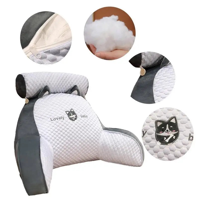 Backrest reading pillow with arms by S And B Enterprise; white quilted cover with gray sides and embroidered logo.