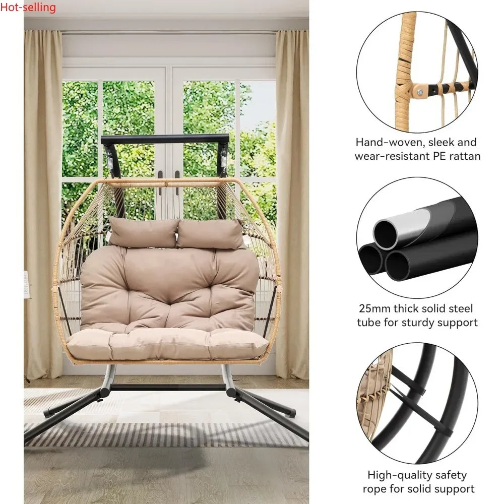 Outdoor Two Person Egg Swing Chair With Stand And Cushions