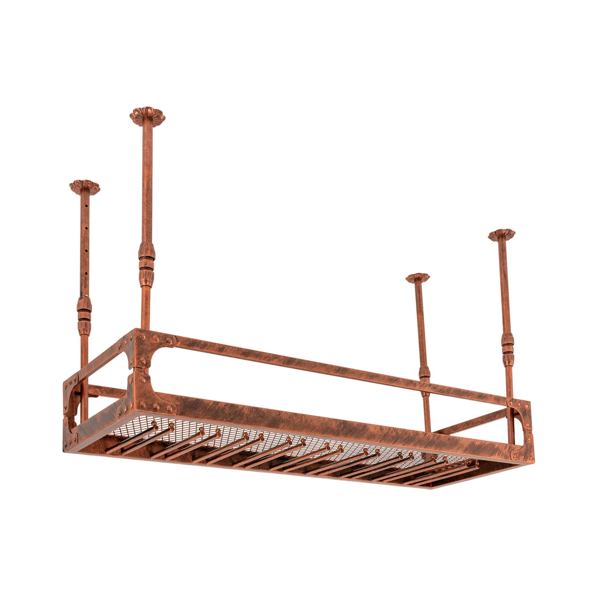 Vintage copper ceiling-mounted wine rack with bottle storage and glass hooks, 100cm