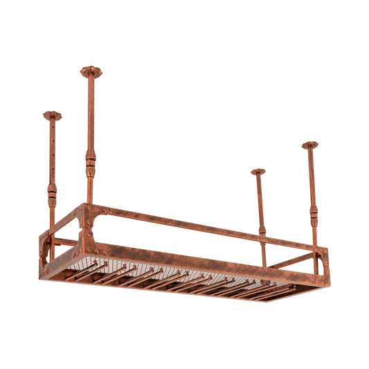 Vintage copper ceiling-mounted wine rack with bottle storage and glass hooks, 100cm