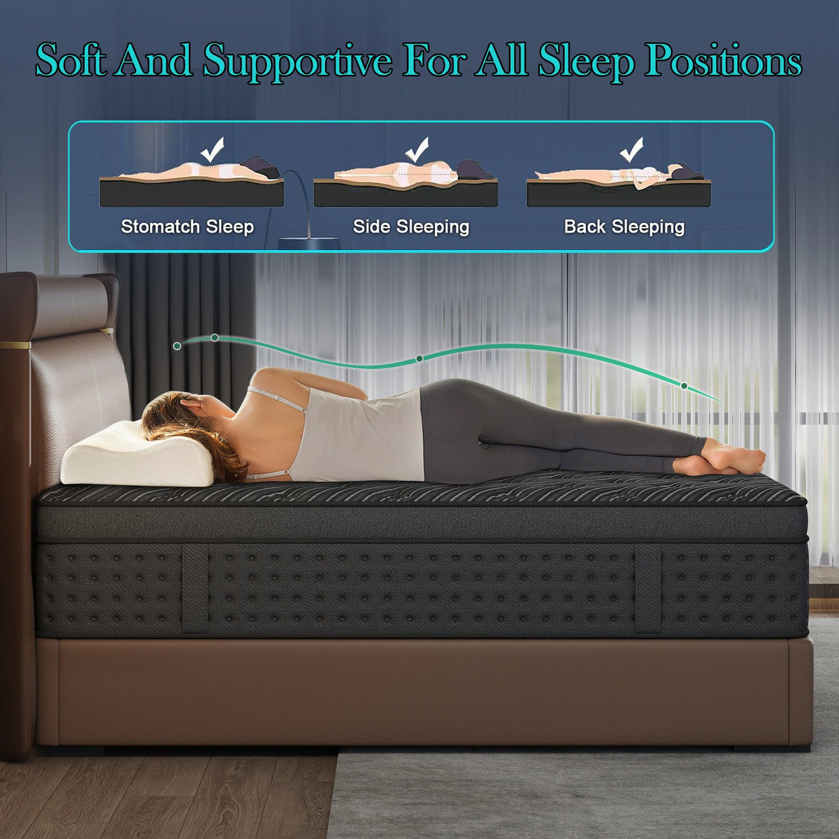 S And B Enterprise memory foam hybrid mattress with pocket springs, fiberglass-free, medium-firm, in a box.