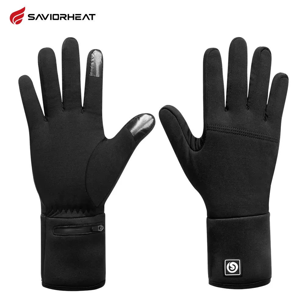SaviorHeat black winter gloves with logo patch on cuff and zip pocket.