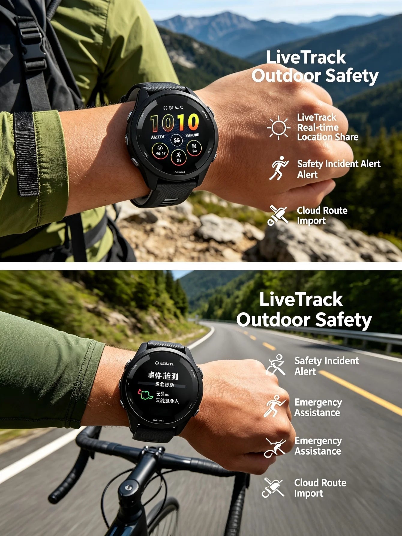 Garmin Forerunner 265 GPS running smartwatch with black band on wrist; outdoor safety features overlay