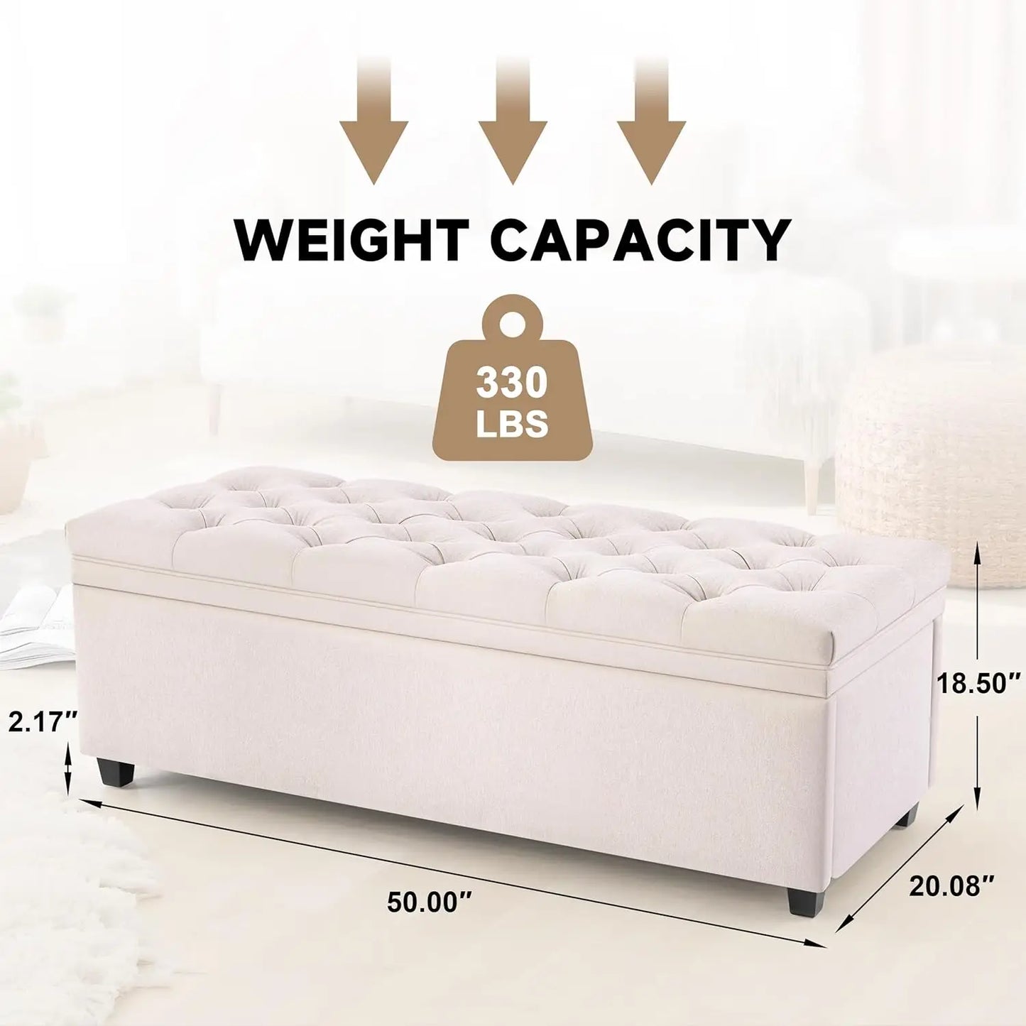 Tufted Storage Ottoman Bench With Linen Top For Living Room