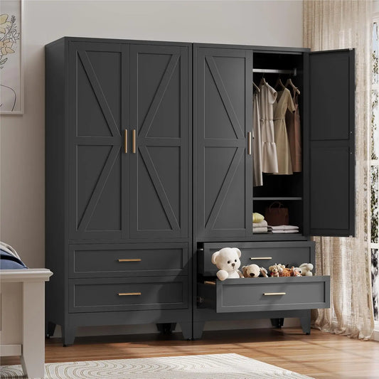 Steel Wardrobe Cabinet With Hanging Rod And Adjustable Shelves