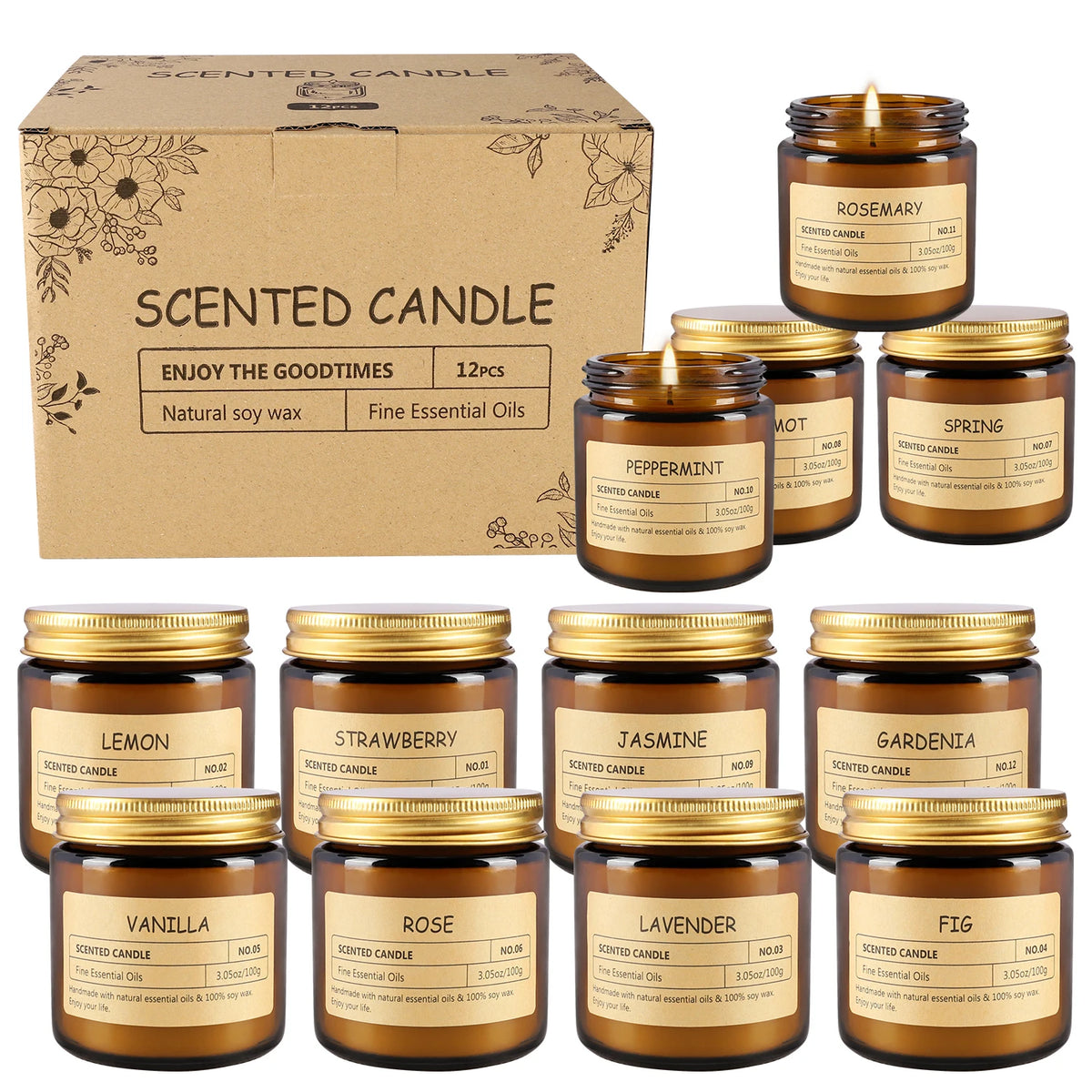 Scented candle set: 12 amber jars with gold lids in a gift box, featuring 12 fragrances