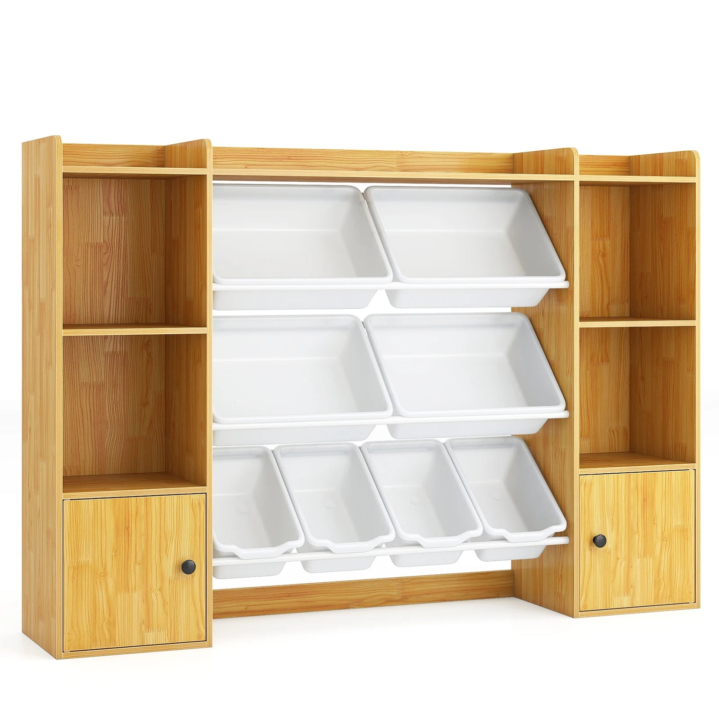 Kids Toy Storage and Bookshelf by S And B Enterprise with 8 white bins, open shelves and two single‑door cabinets