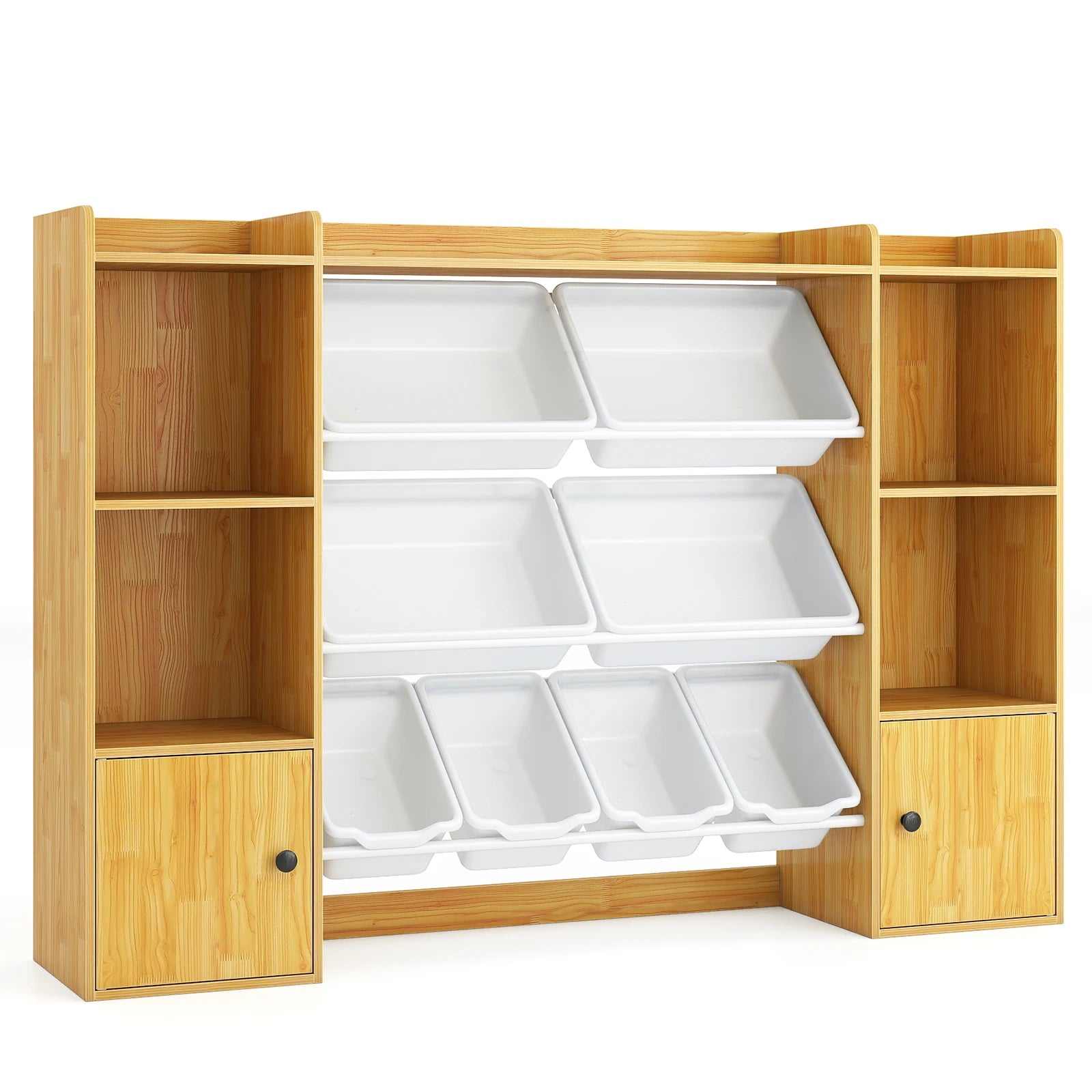 Kids Toy Storage and Bookshelf by S And B Enterprise with 8 white bins, open shelves and two single‑door cabinets