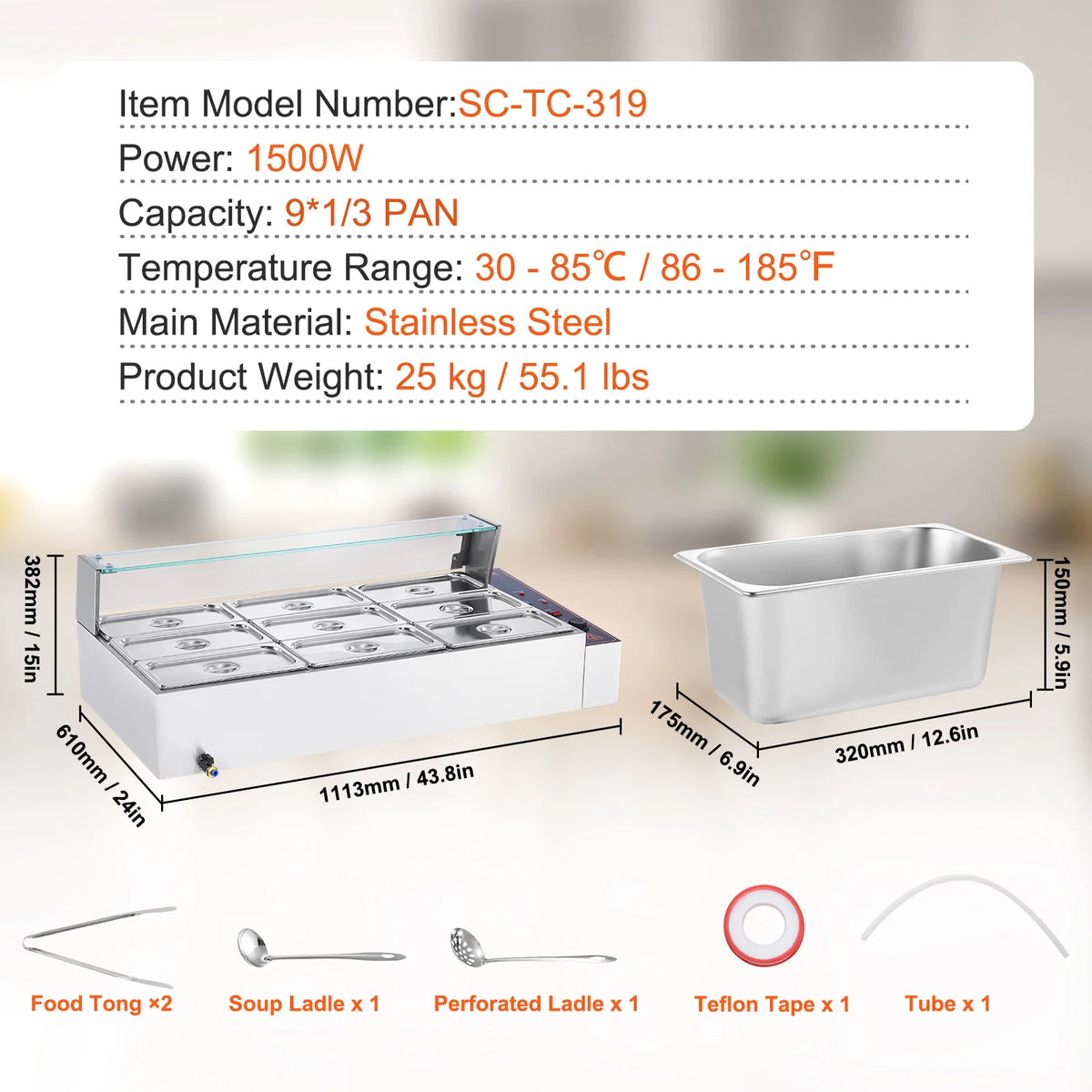 Commercial food warmer steam table in stainless steel with glass cover and temperature control by S And B Enterprise