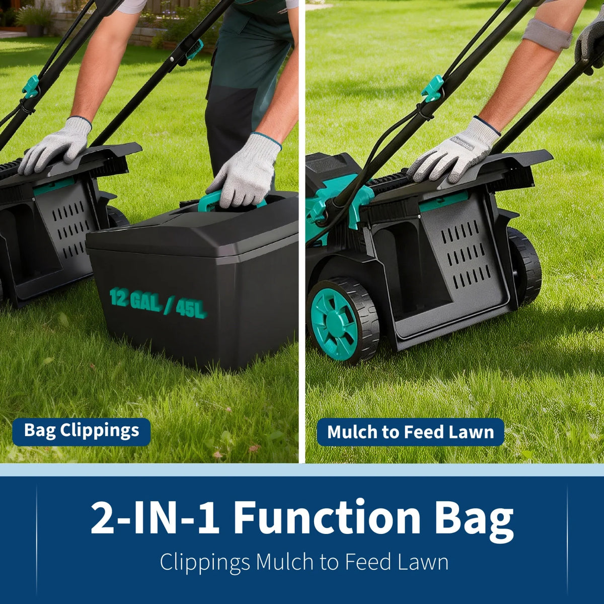 17-inch cordless lawn mower with foldable handle and 12 GAL/45 L grass bag, teal accents.