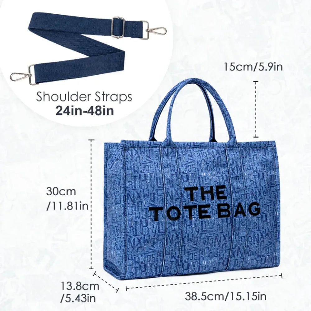Blue denim canvas tote bag for women with large capacity and adjustable shoulder straps.