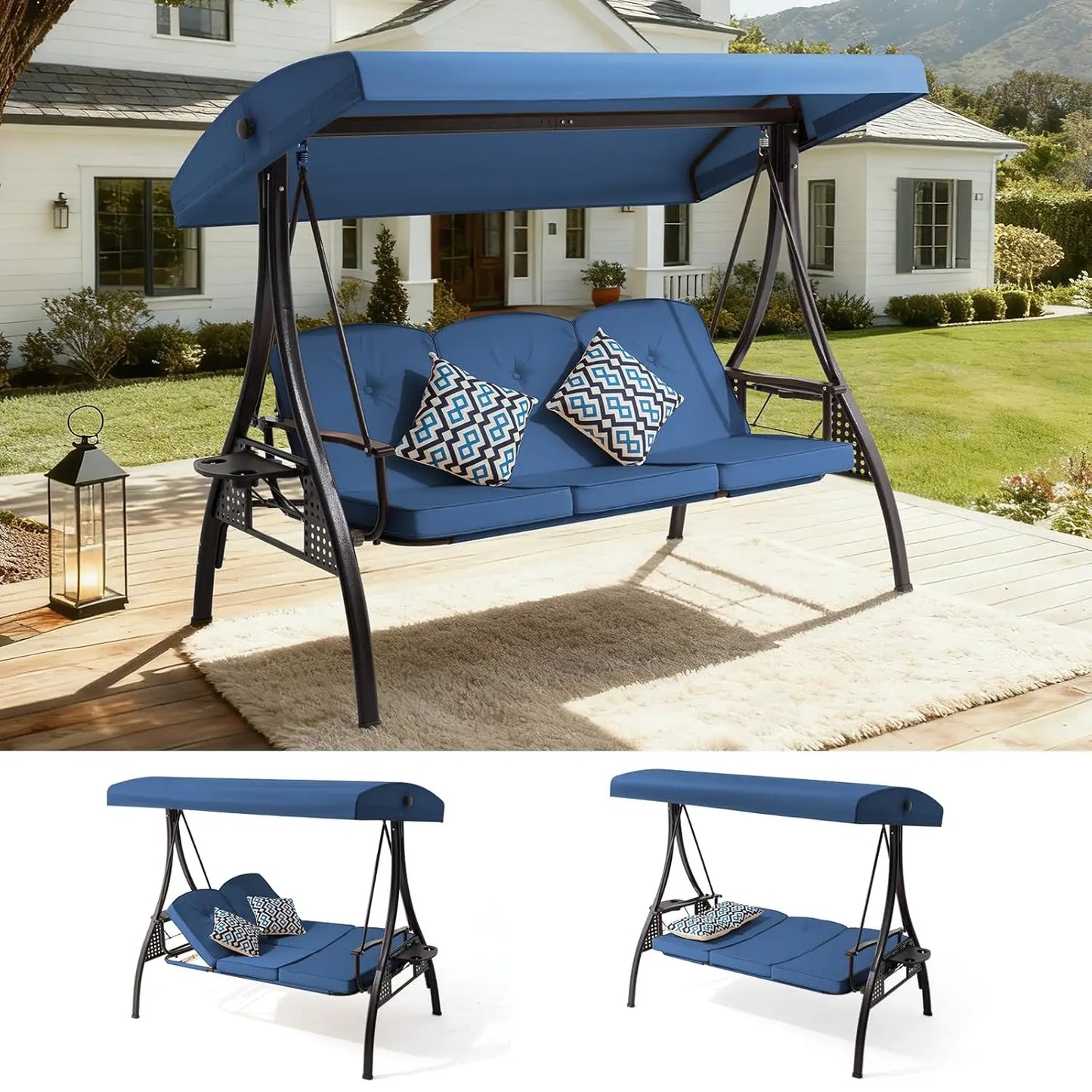 3 Seat Outdoor Porch Patio Swing with Adjustable Canopy& 7-Level Side Seat,Outdoor Swing for Adults,3 in 1, Customized by S And B Enterprise