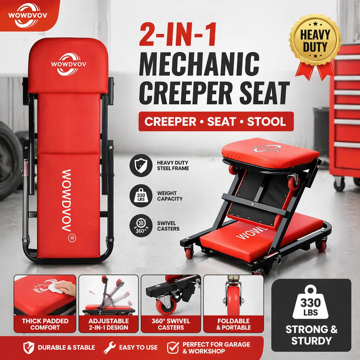 2-in-1 mechanic creeper seat with wheels, red cushions, 330 lb capacity, 360° swivels, S And B Enterprise