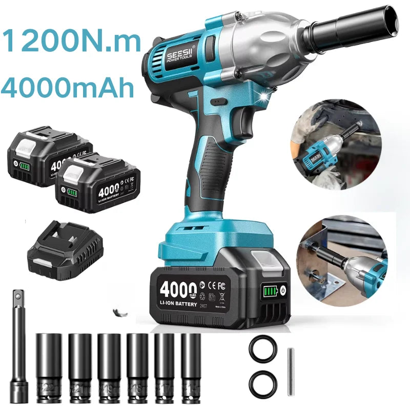 SEESII WH710 Pro cordless impact wrench 1/2in drive, teal blue with 4.0Ah battery, LED light, 6 sockets.