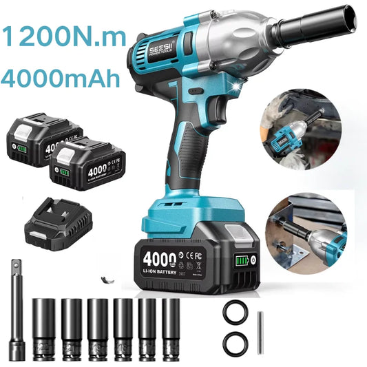 SEESII WH710 Pro cordless impact wrench 1/2in drive, teal blue with 4.0Ah battery, LED light, 6 sockets.