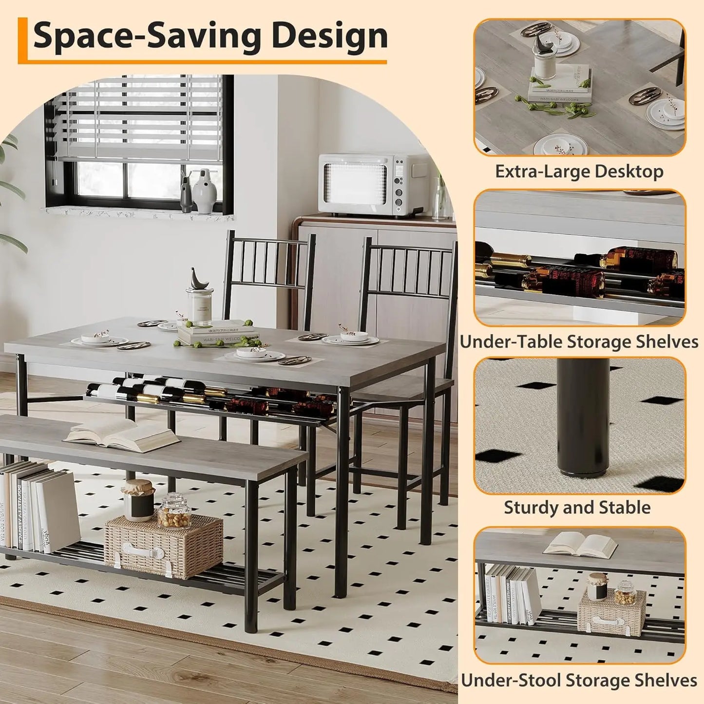 Dining Table Set For 4 With Bench And 2 Chairs 2-Tier Storage Shelf Space-Saving Kitchen Table For Breakfast Nooks Small Apartments by S And B Enterprise