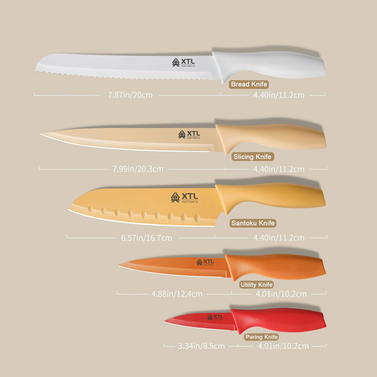 10-piece ceramic-coated knife set by XTL with colorful handles and protective sheaths for home kitchen