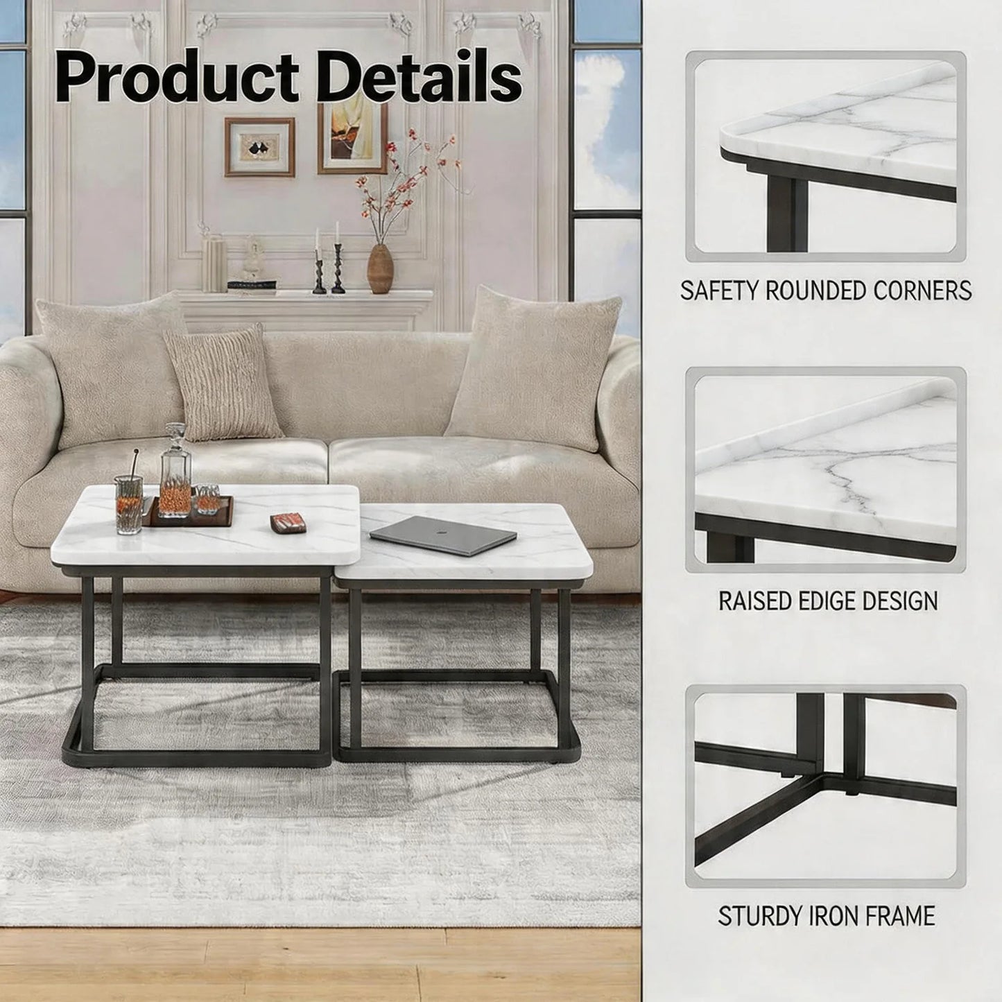 Square Nesting Coffee Tables Set Of 2, Space Saving Small End Table Set For Living Room Bedroom Balcony, Fluted Side Tables Set by S And B Enterprise