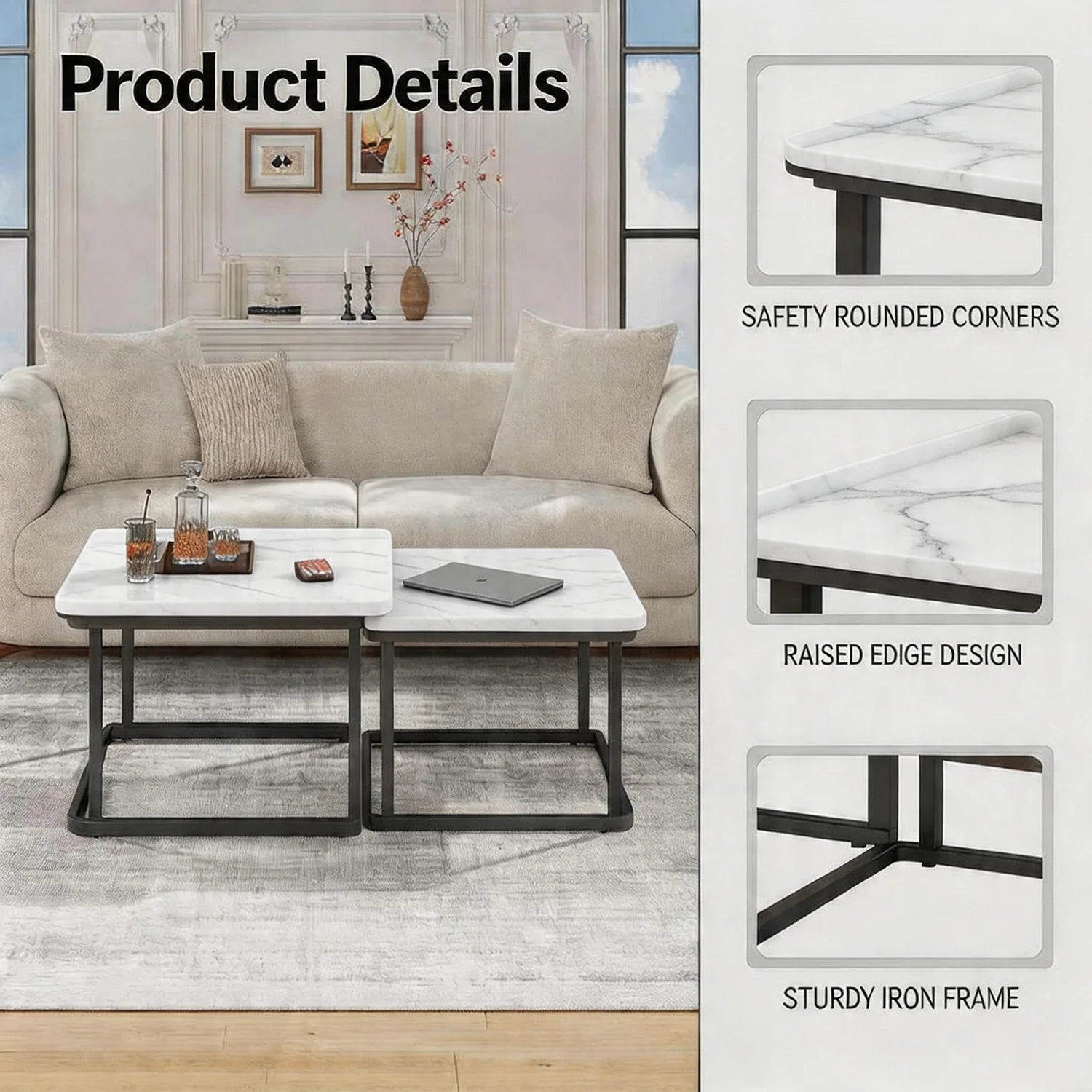 Square Nesting Coffee Tables Set Of 2, Space Saving Small End Table Set For Living Room Bedroom Balcony, Fluted Side Tables Set by S And B Enterprise