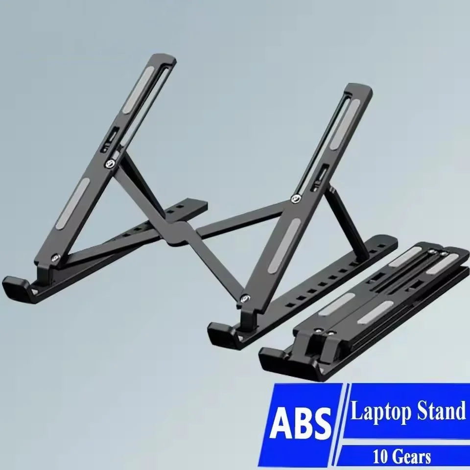Foldable ABS black laptop stand with adjustable arms for MacBook and PC, portable desk bracket