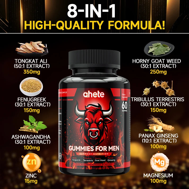 Ahete Men's Support Gummies - 60-Count Chewable Supplements, Aids Daily Vitality Maintenance & Body Comfort.