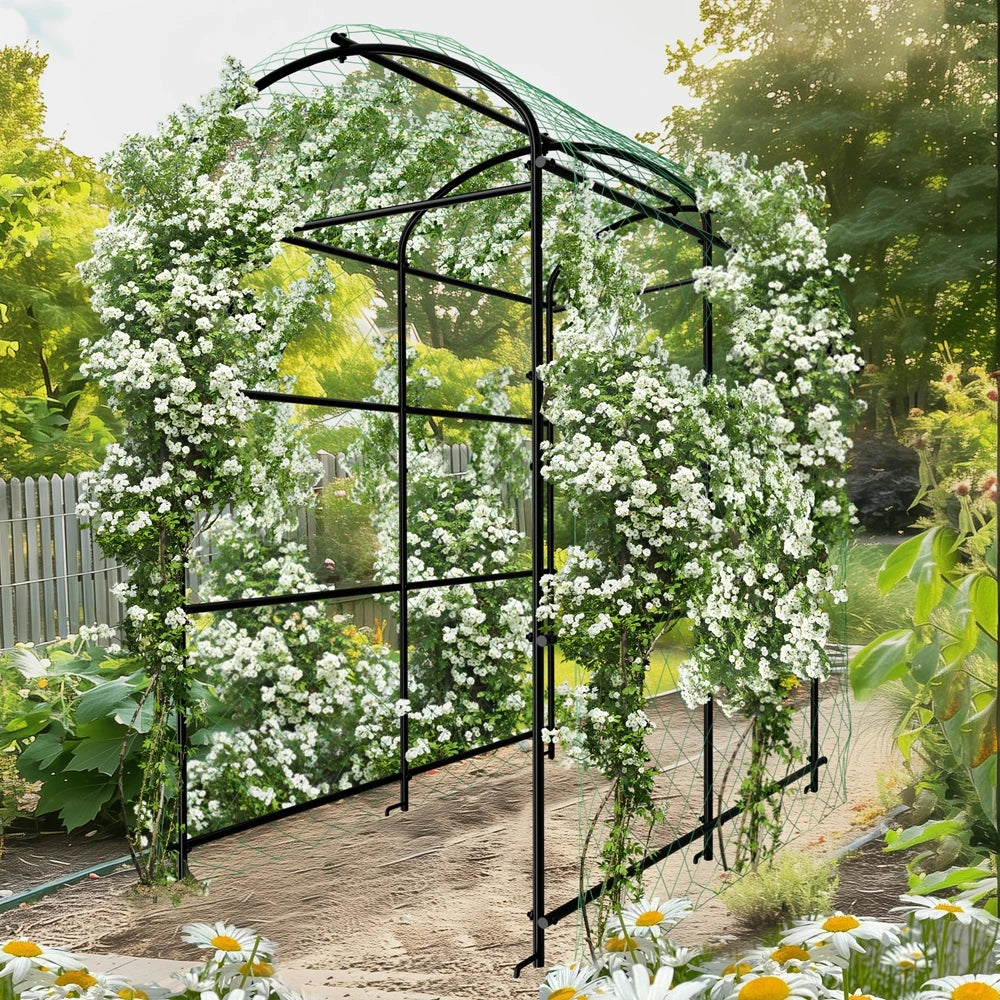 U-shaped metal tall garden plant trellis frame in black, for climbing plants and vegetables, with white flowering vines