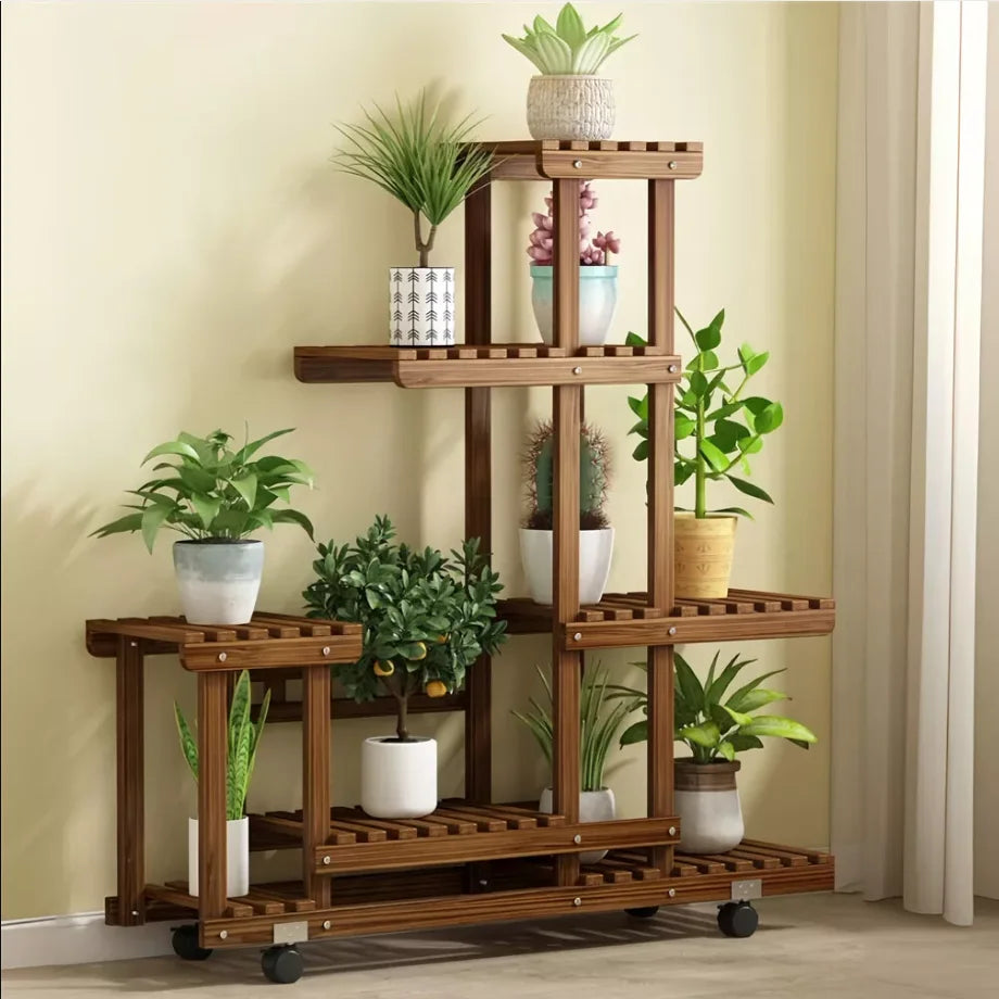 Multi-Layer Wood Plant Stand Rack Outdoor Indoor Rolling Flower Pot Holder with Wheels by S And B Enterprise