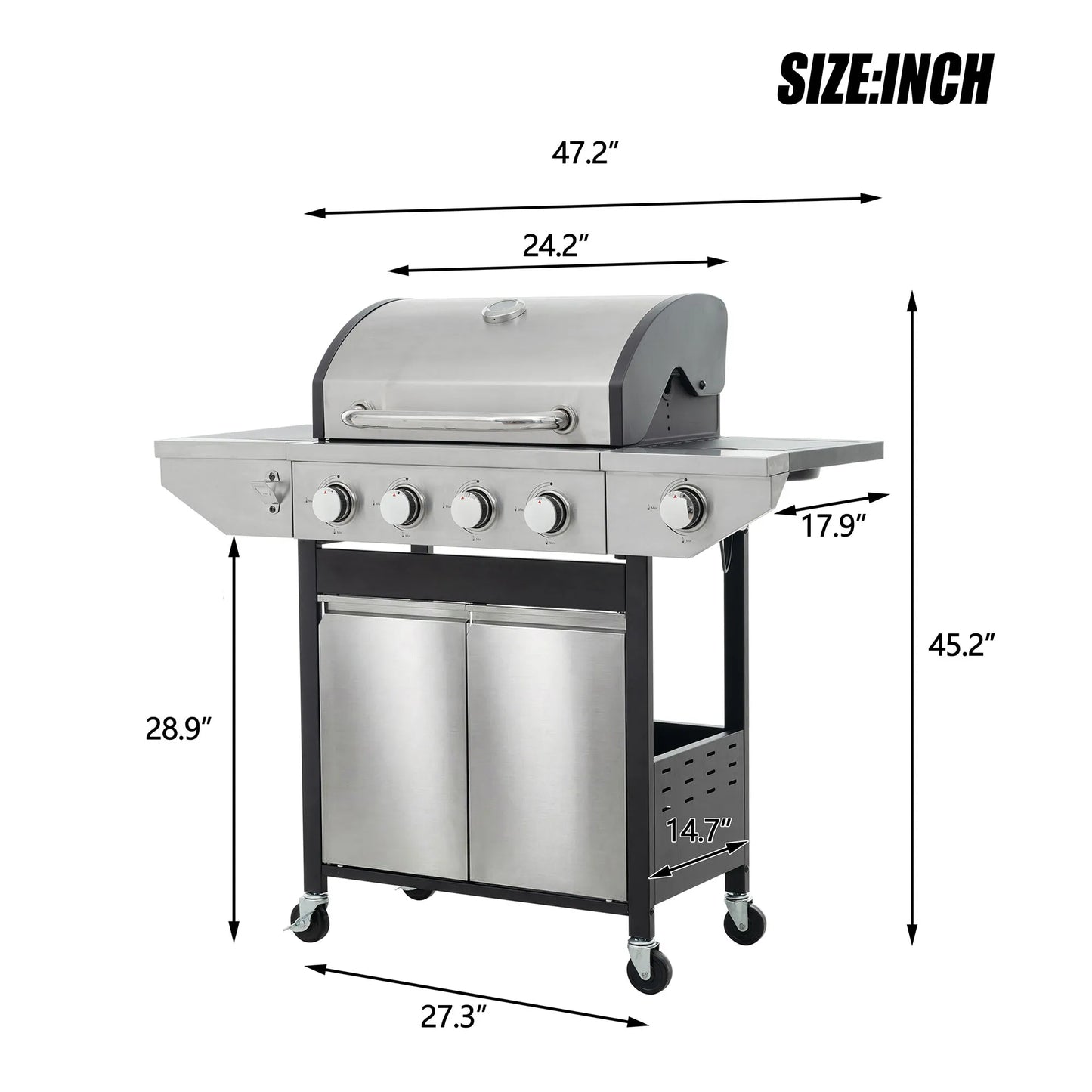 4-burner stainless steel propane gas grill with side burner on a freestanding cart for outdoor backyard cookouts