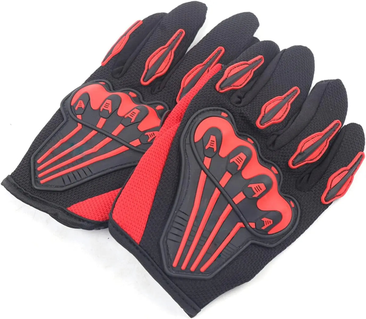 Motorcycle gloves black with red knuckle guard padding and grip panels, pair.