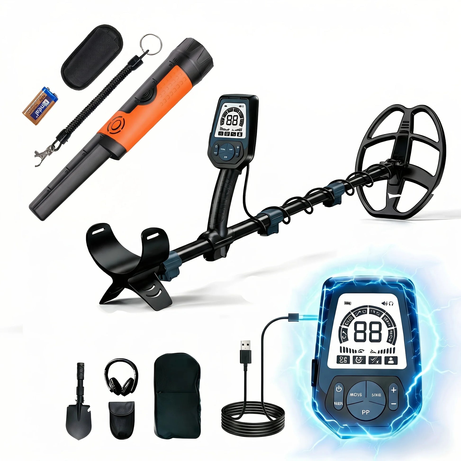 SUNPOW metal detector kit with pinpointer, orange/black shaft, LCD display, 10" IP68 coil; includes case, shovel and headphones