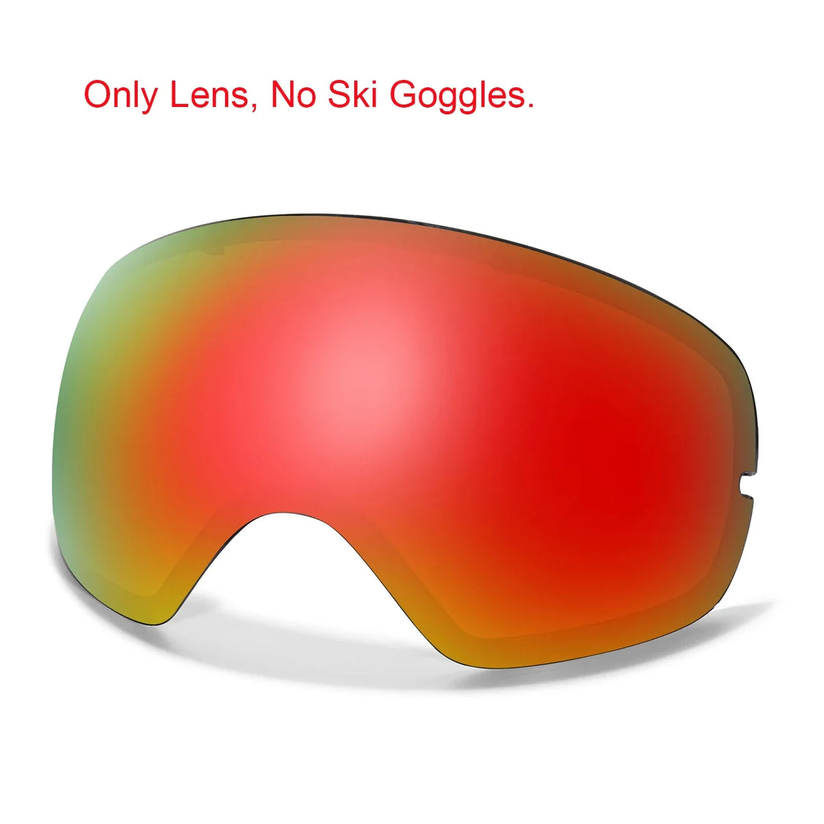 Ski goggles lens with red-to-orange mirrored gradient, UV400 anti-fog finish