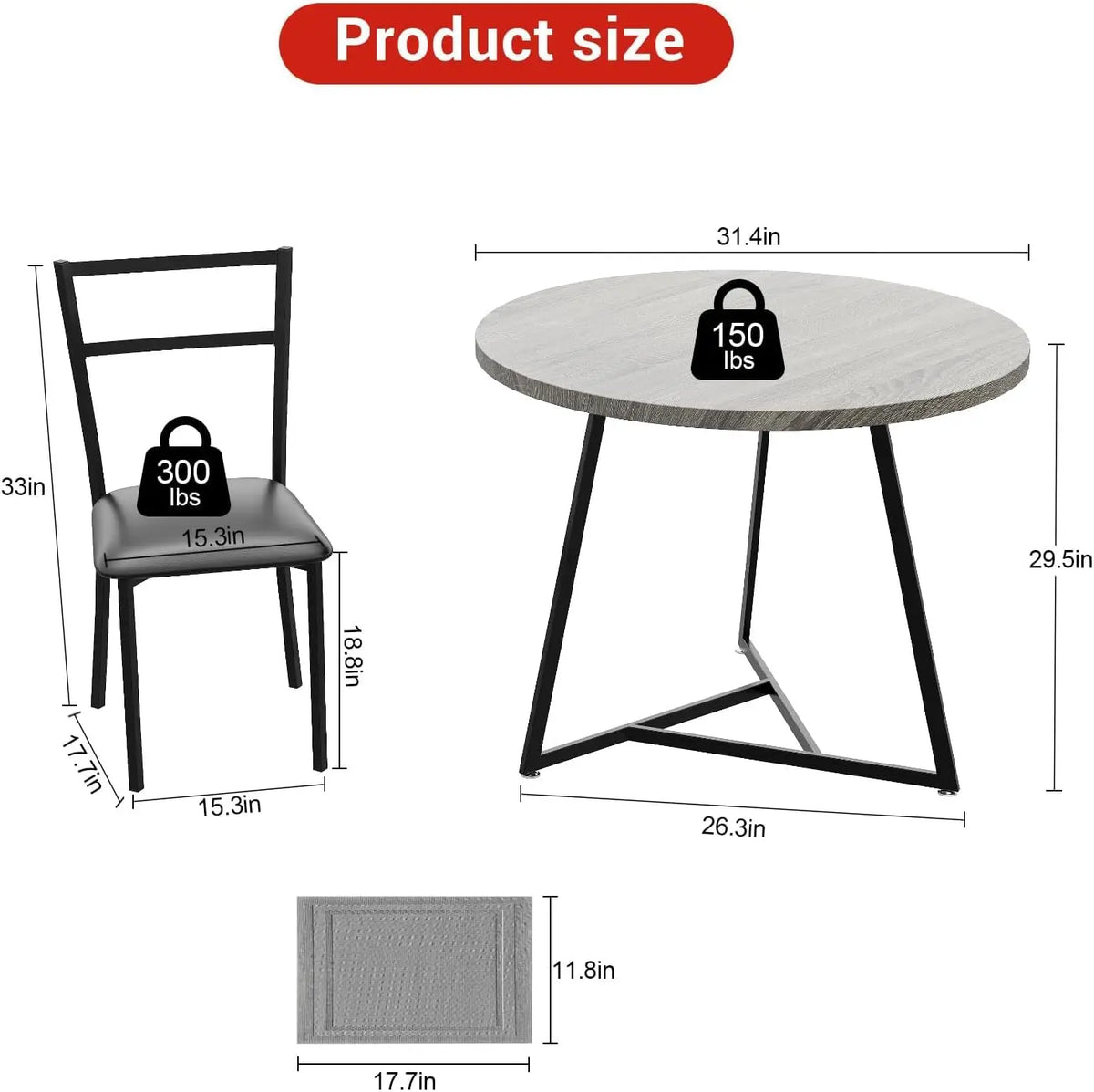 3 Piece Round Dining Table Set with 2 Upholstered Chairs in rustic brown finish for small spaces