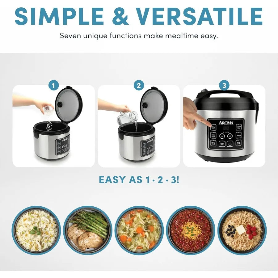 Rice cooker by S And B Enterprise; stainless steel digital cooker with steam and slow-cook options (20/10 cup capacity).