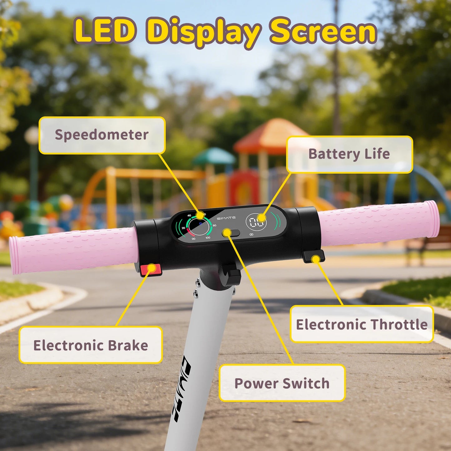 SIMATE Kids Electric Scooter with pink grips, LED display, foldable
