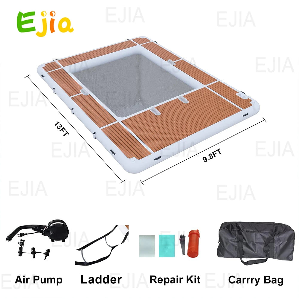 Ejia inflatable pool dock 13ft x 9.8ft with wood-grain deck; includes air pump, ladder, repair kit, carry bag