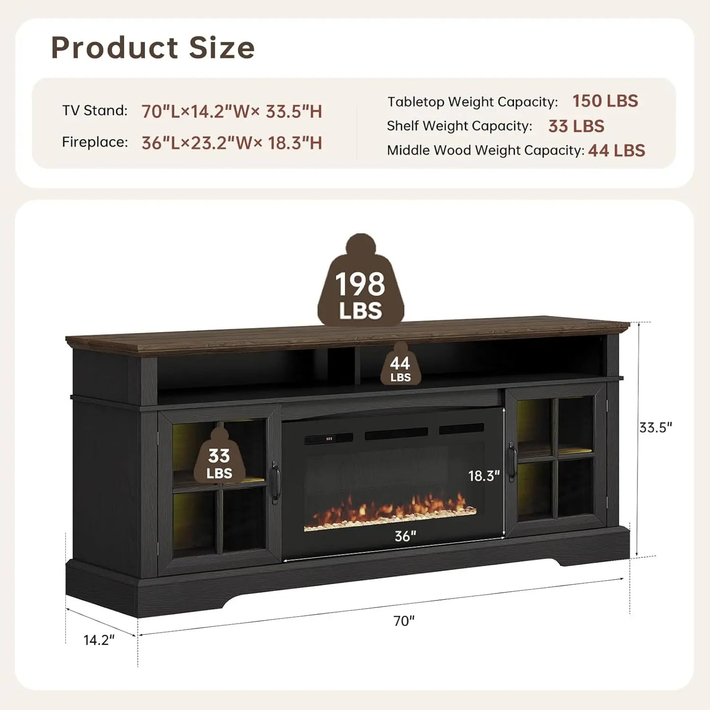 Fireplace TV Stand Farmhouse Entertainment Center With Storage Cabinets