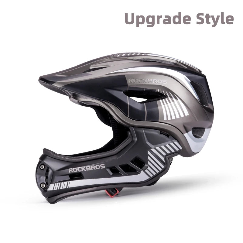 RockBros child cycling helmet with detachable full-face shield, gray and black with white stripes