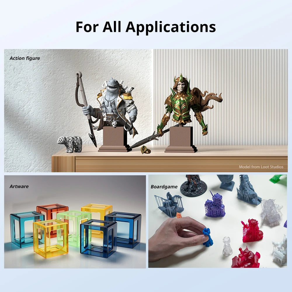 ANYCUBIC Photon Mono 4 Ultra AE Version LCD 3D Printer collage showcasing action figures, artware, and boardgame minis
