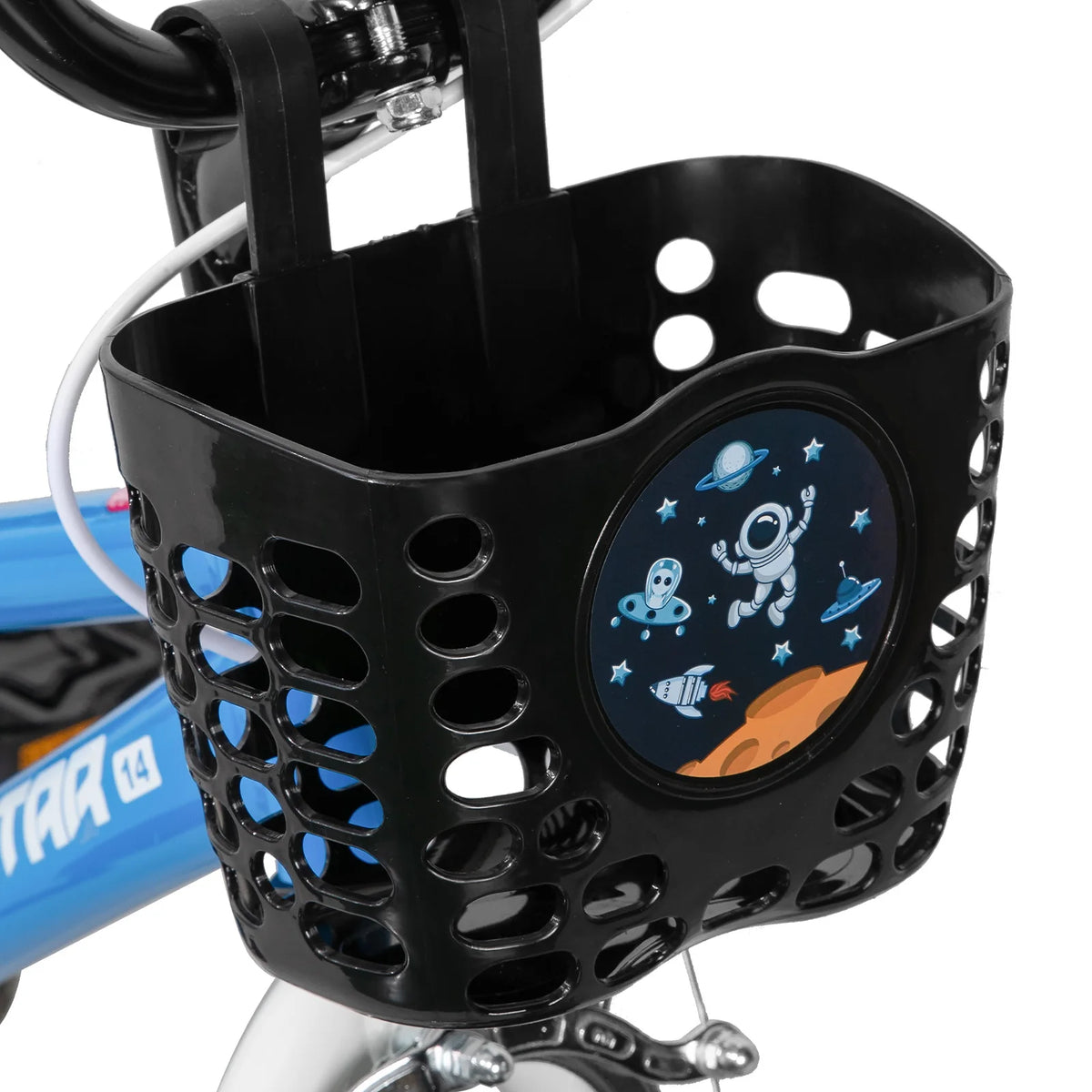 JOYSTAR kids' bicycle front basket, black plastic with space-themed sticker, by S And B Enterprise