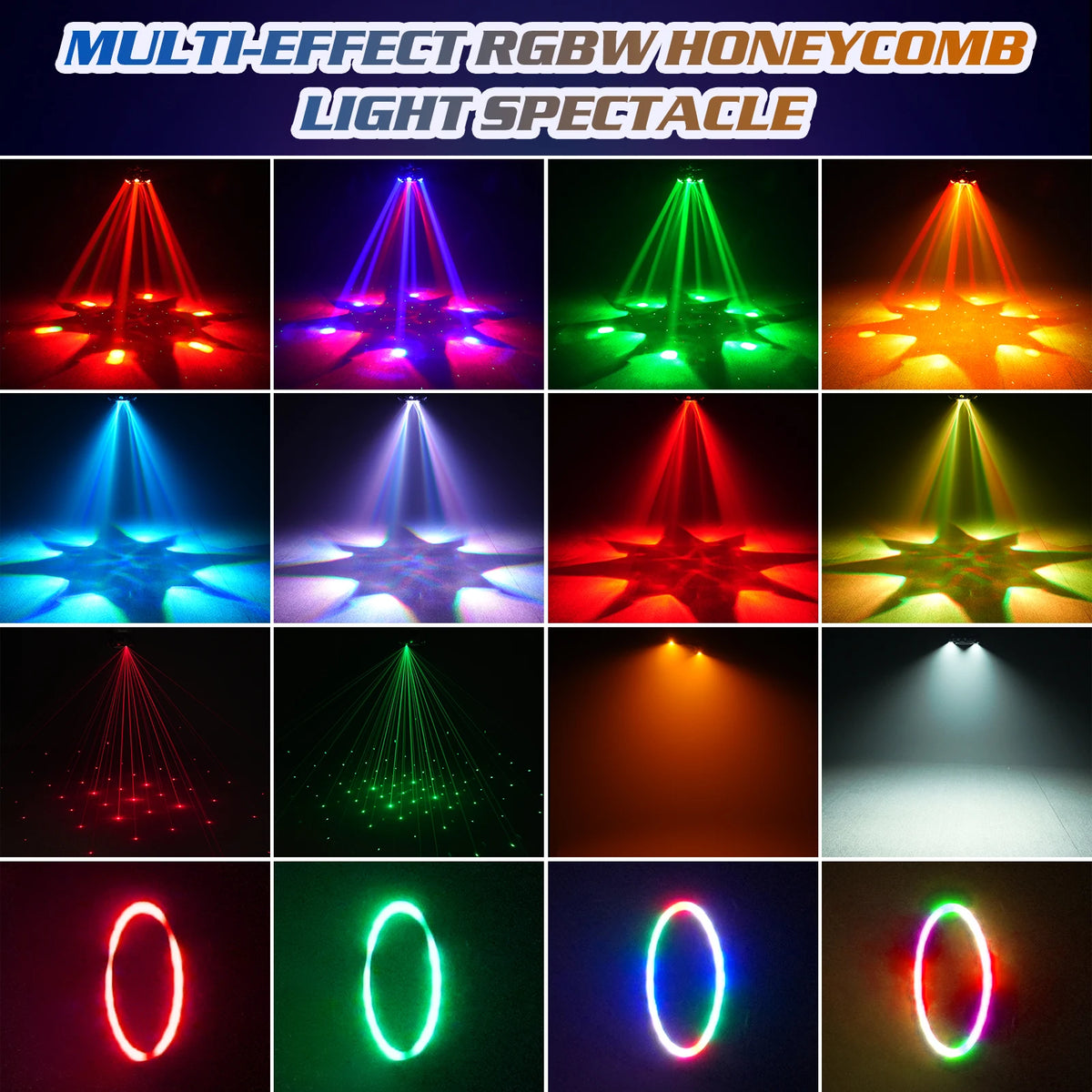 Fieryzeal 150W 6-Arm RGBW Beam Moving Head Light with Strip Effect Stage Light DMX512 Honeycomb Beam Strobe Effect for DJ Party