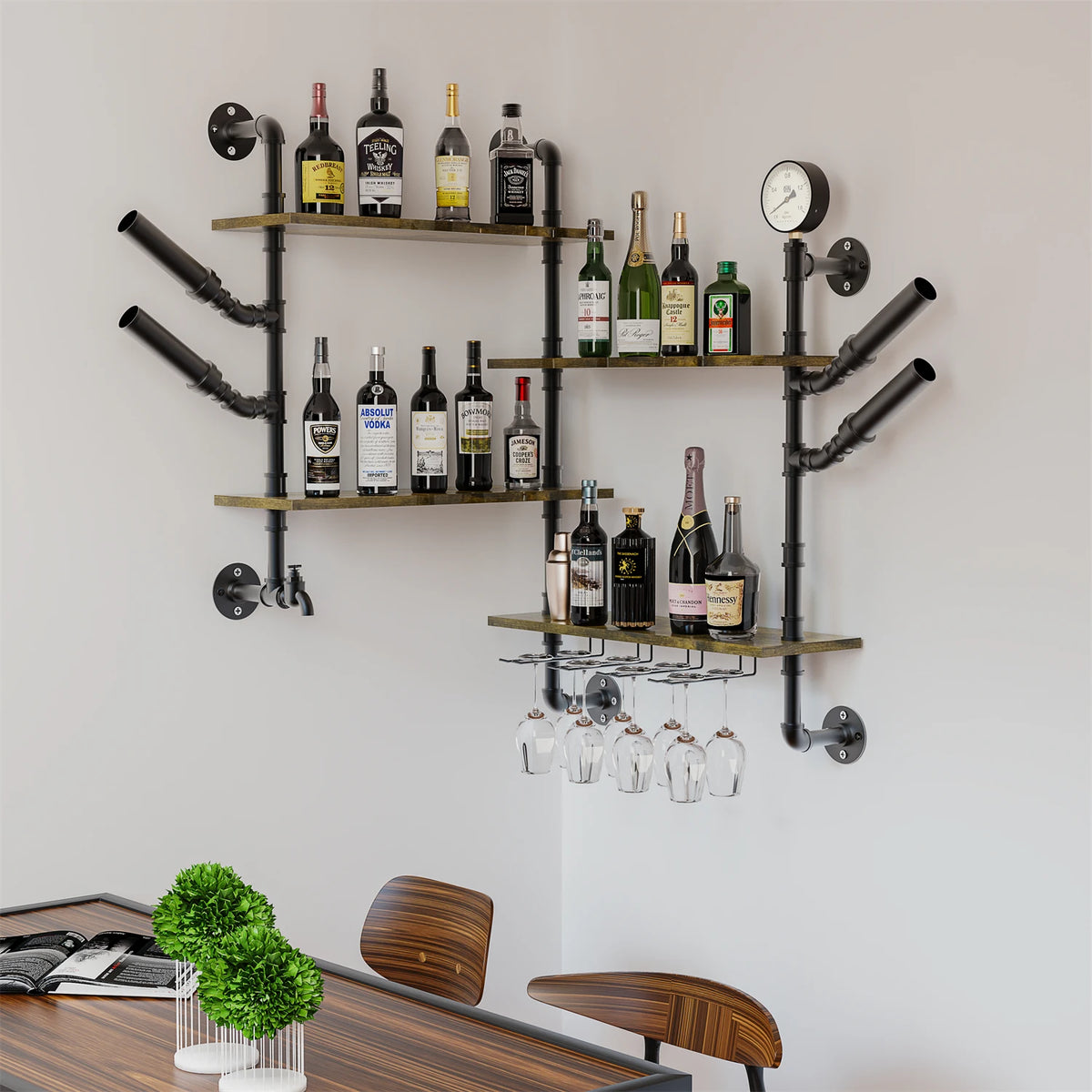 Pipe Bar Liquor Shelf by S And B Enterprise; black industrial wall unit with wood shelves and hanging wine glasses