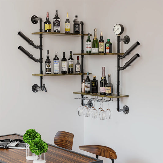 Pipe Bar Liquor Shelf by S And B Enterprise; black industrial wall unit with wood shelves and hanging wine glasses