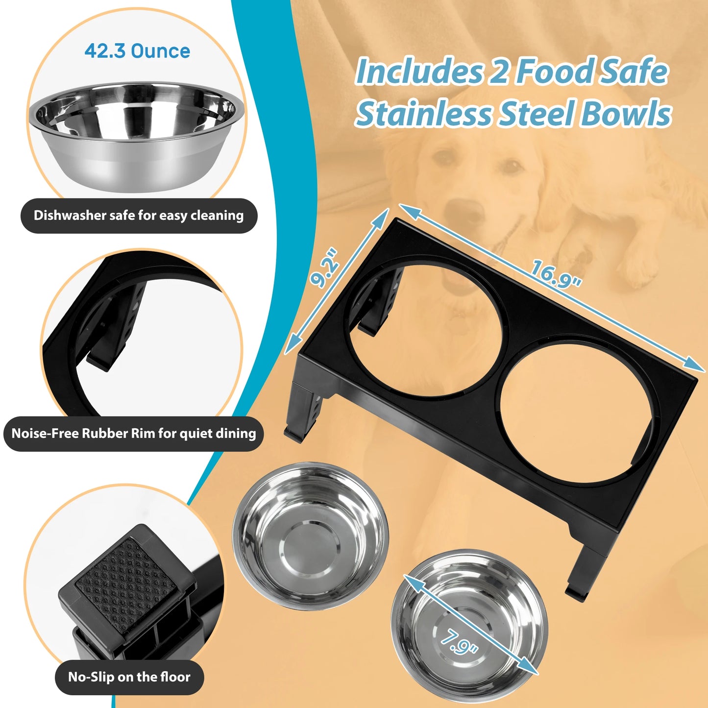 Elevated Dog Bowl Stand With Adjustable Heights And Stainless Steel Bowls by S And B Enterprise