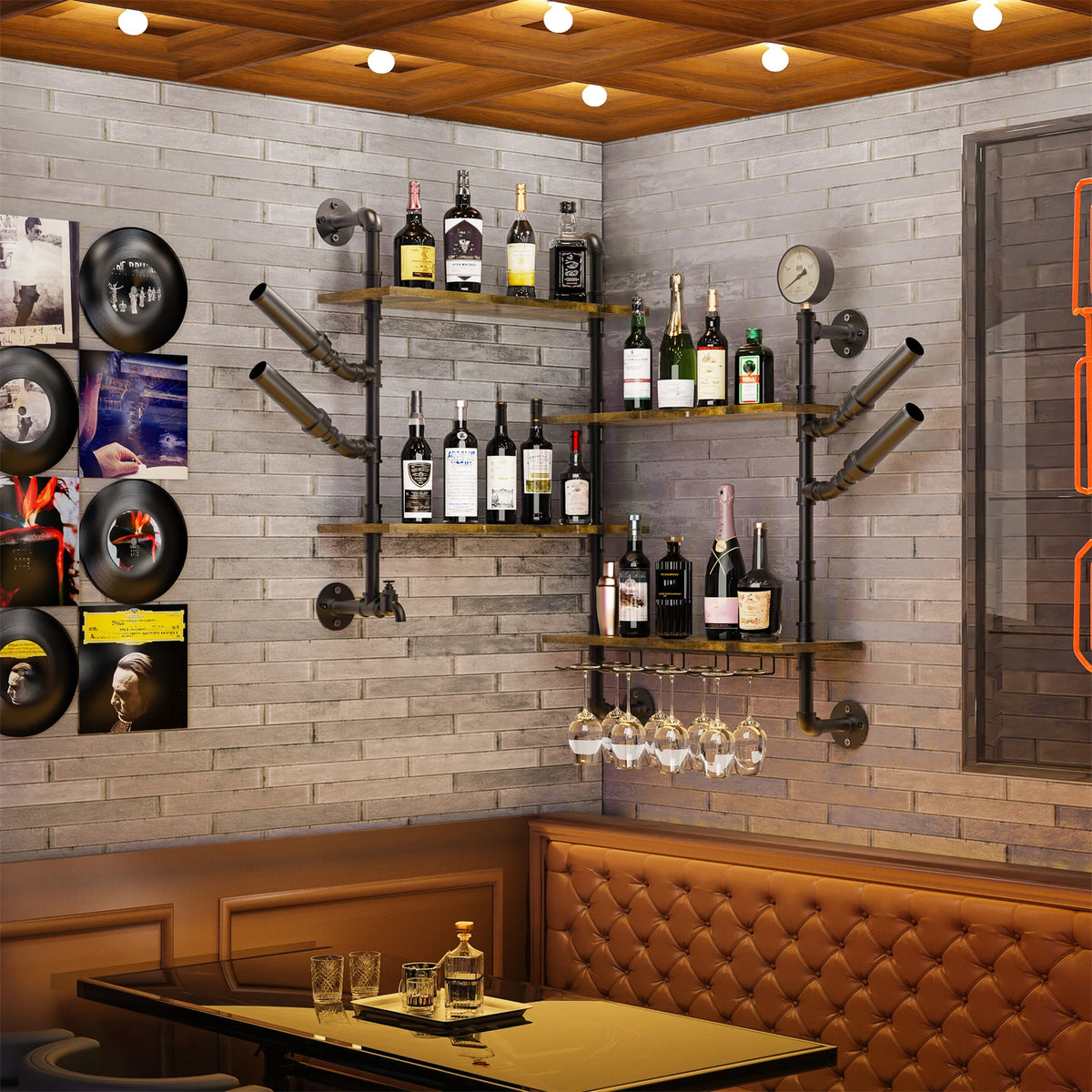 Pipe Bar Liquor Shelf with wine glass holder; industrial black metal pipes and wood shelves wall-mounted.