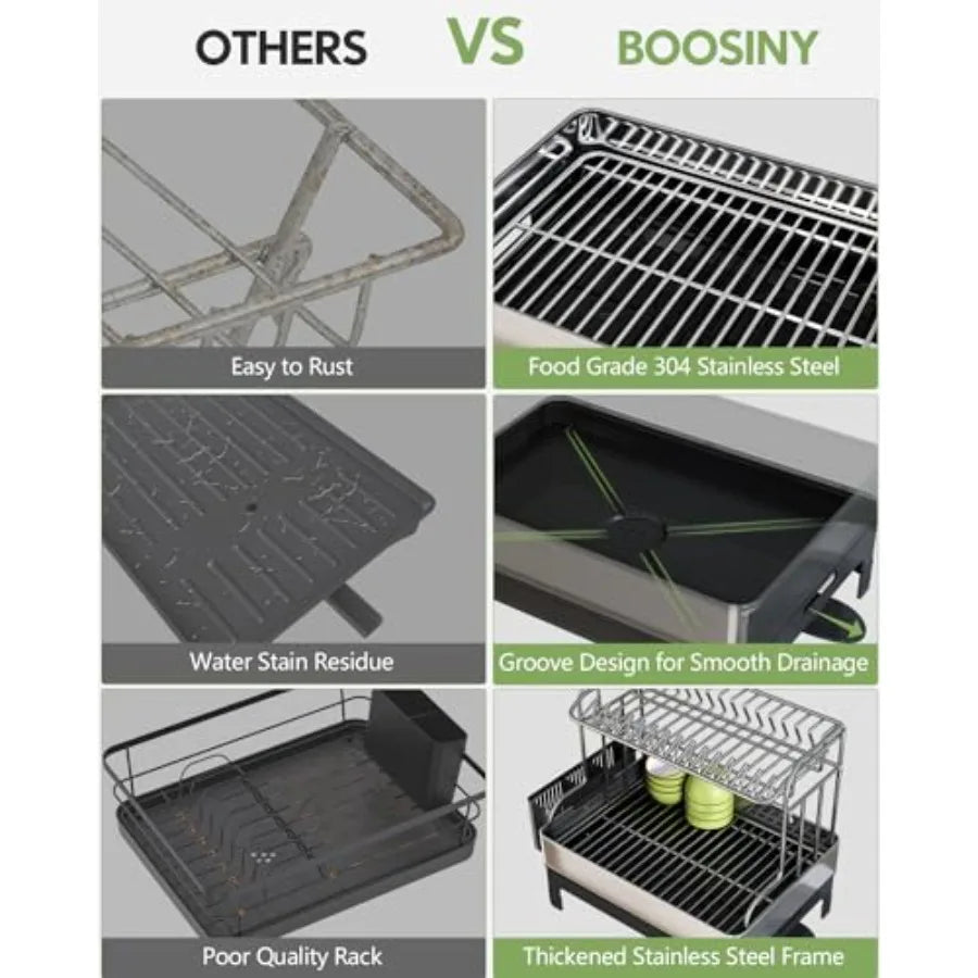 Two-tier stainless steel dish drying rack with drain board in silver; rust-resistant and space-saving.