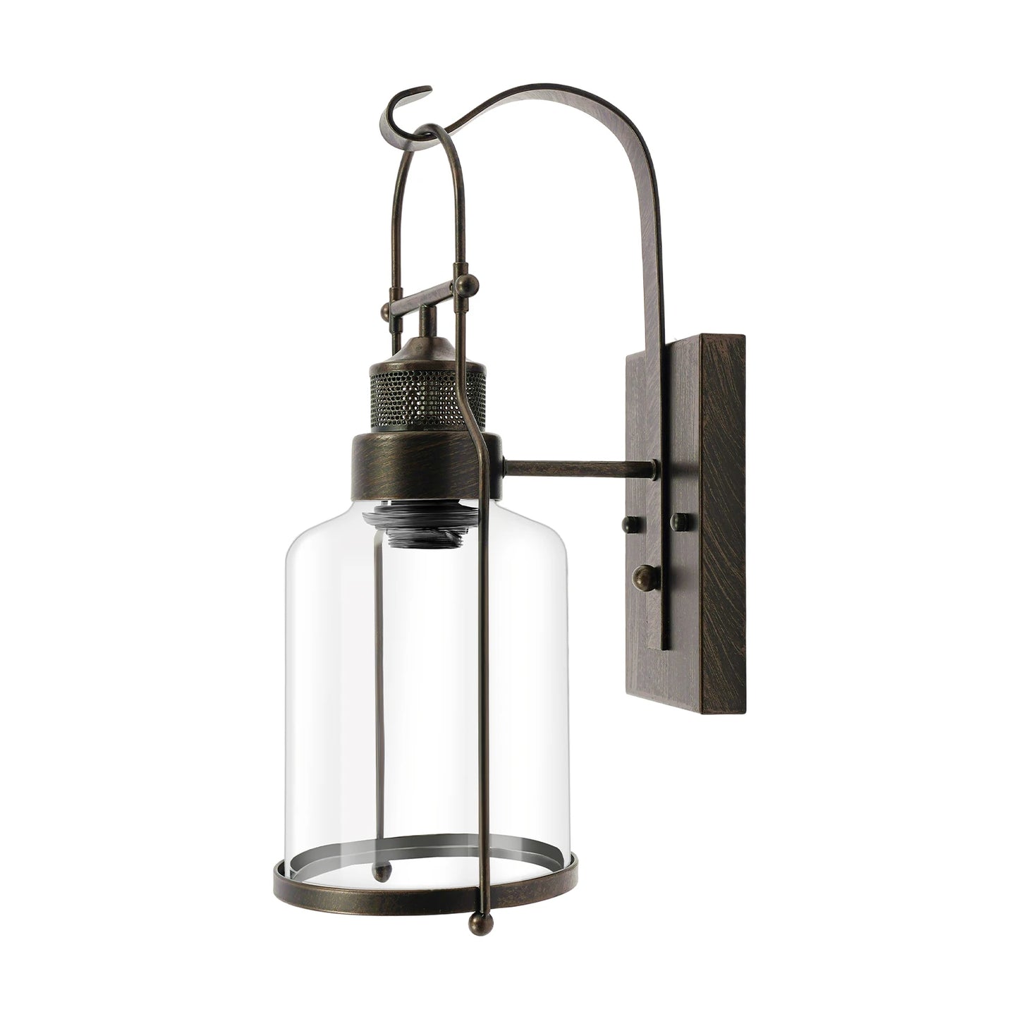 Retro industrial wall lamp with rust iron frame and clear glass shade, wall-mounted.