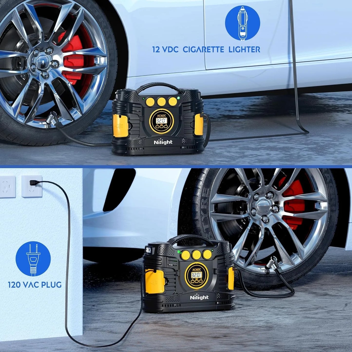 Nilight portable tire inflator air compressor with digital gauge, dual 12V/DC and 110V/AC, black and yellow
