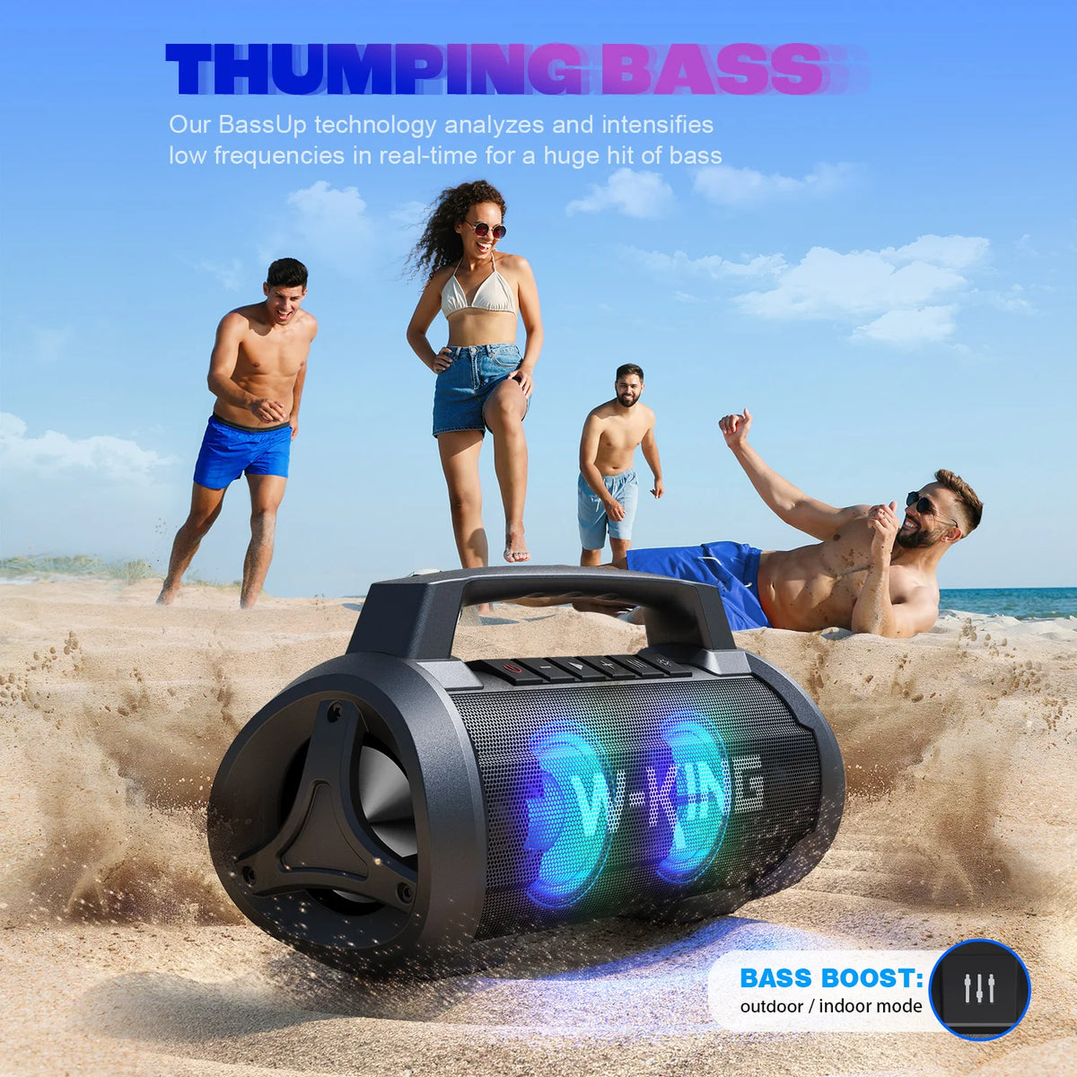 W-KING D10 120W Bluetooth speaker with multicolor LED lights, black portable outdoor boombox on a sandy beach